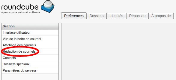 Paramètres Roundcube : rédaction de courriels
