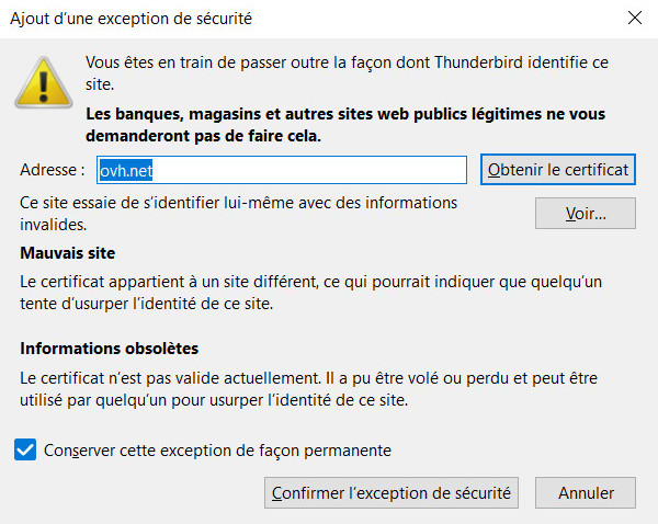 Message d'erreur Thunderbird : exception de sécurité